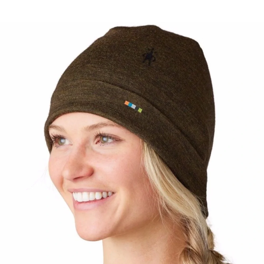 Smartwool Merino Dark Olive Heather Cuff Beanie with Stripe and Velvet Logo